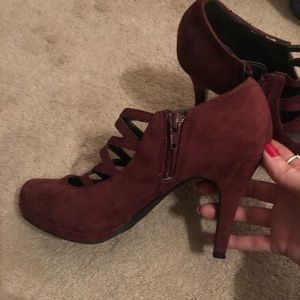 Maroon heels with the zipper on the side